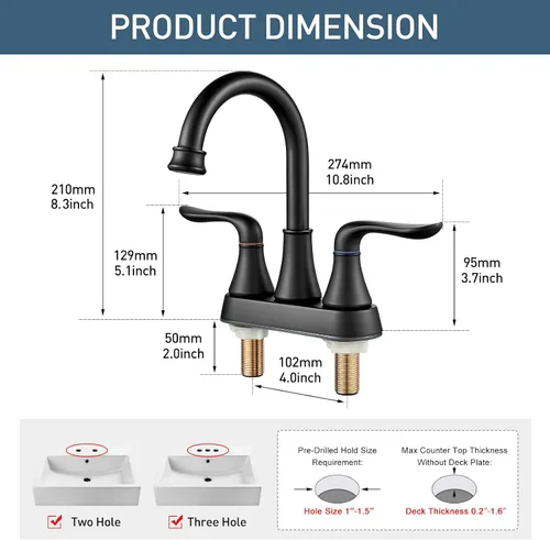 Vista 2 de GENBONS Grifos de baño para fregadero de 3 agujeros, 4 pulgadas, color negro mate con drenaje emergente y 2 mangueras de suministro, 2 manijas