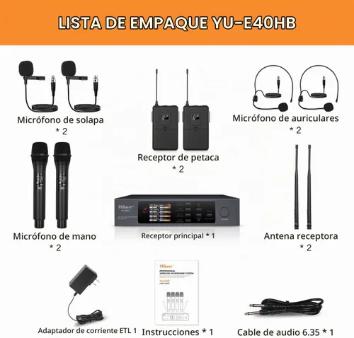 Vista 9 de Sistema de micrófono inalámbrico Hiberr UHF con 2 portátiles y 2 paquetes de cuerpo