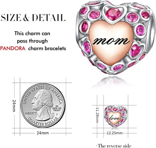 Vista 4 de Abalorios de plata de ley 925 con forma de corazón y flor de rosa 3D para pulseras, collares, bodas, día de San Valentín, día de la madre, regalo