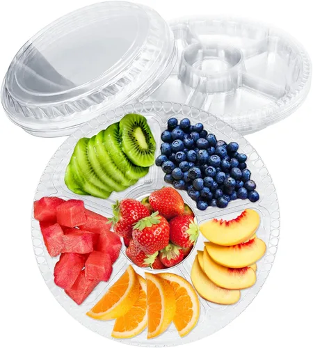 Vista 8 de Paquete de 12 bandejas de plástico para aperitivos con tapa, bandeja desechable transparente dividida para servir, 6 recipientes de almacenamiento