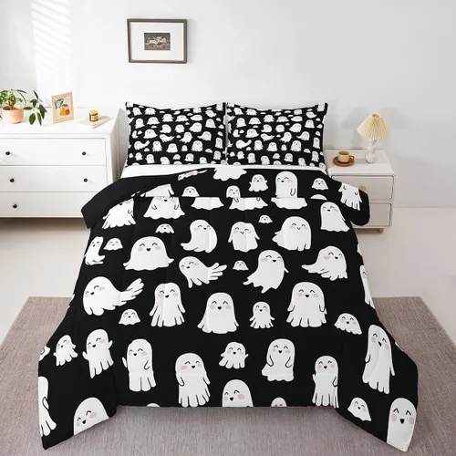 Vista 18 de Feelyou Juego de edredón de Halloween, color rosa fantasma, juego de ropa de cama tamaño individual, decoración para niños y niñas, lindo juego
