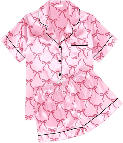 Vista 24 de Ekouaer Conjunto de pijama de satén de seda para mujer, suave, de manga corta, con botones, ropa para dormir, camiseta y pantalones cortos, juego