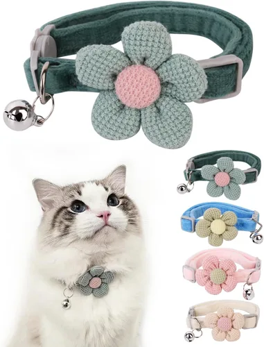 Vista 12 de Collar de gato de terciopelo suave con campana, collar ajustable para Rosa (Flower Pink)