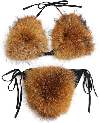 Vista 34 de ZOSCGJMY Conjunto de bikini de dos piezas de piel sintética para mujer Beige