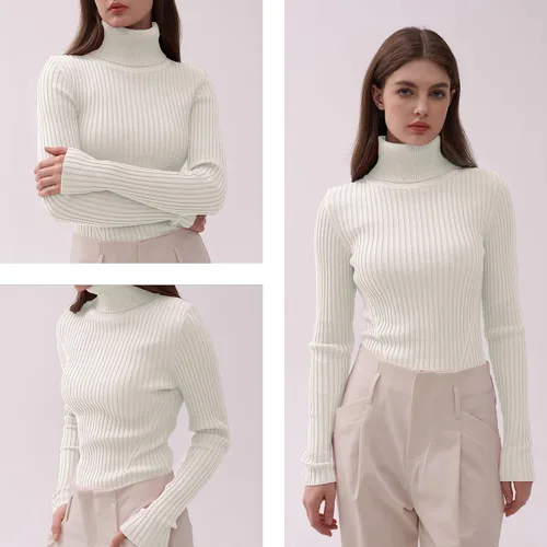 Vista 5 de v28 - Suéteres acanalados con cuello alto falso para mujer, diseño cálido de punto sexy, entallado y moderno sin botones
