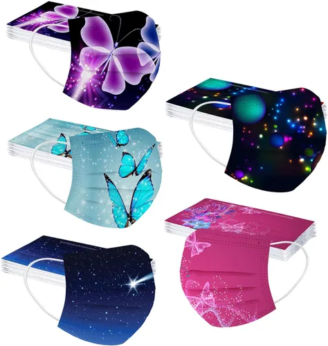 Vista 3 de 50 máscaras faciales desechables para niños y niñas, máscara de fiesta de mariposas, cuidado de la piel, vacaciones, transpirable, gruesa, 3 capas