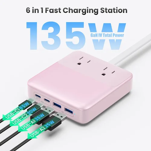 Vista 12 de Estación de carga de 135W con tira de alimentación USB C, bloque cargador USB C GaN 6 en 1 con enchufe y cable de 5 pies, 2 AC, 2 USB-A, 2 USB-C