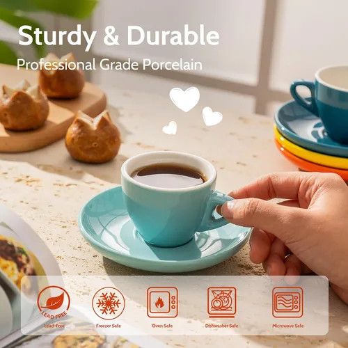 Vista 4 de Sweese Tazas de espresso de 2 onzas con platillos, juego de 6 tazas de espresso de porcelana, colores surtidos