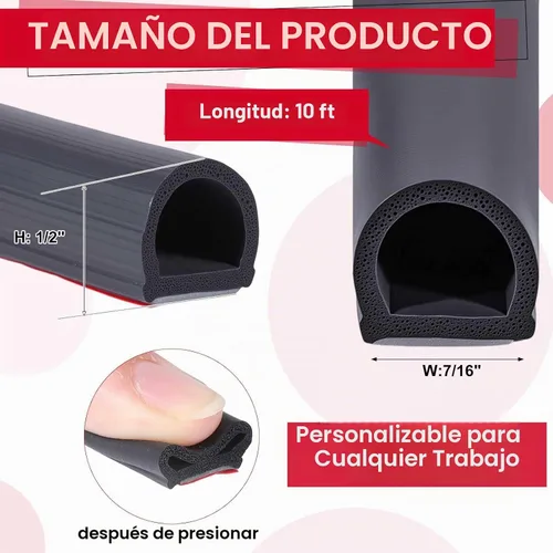 Vista 2 de Pangda Burlete de goma en forma de D de 10 pies de espuma autoadhesiva de EPDM, tira de sellado para puertas para reducción de ruido, impermeable, a