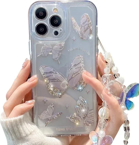 Vista 7 de Casechics Compatible con funda para iPhone, de lujo, transparente, con bonito diseño de mariposa, correa para pulsera, cadena, transparente, suave