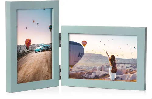 Vista 32 de Marco de fotos doble de 4 x 6 pulgadas con bisagras horizontales, marco de fotos plegable en madera de pino negro con vidrio real para mesa