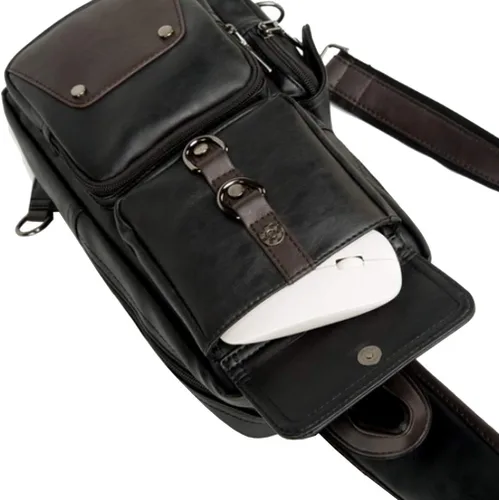 Vista 4 de Mochila estilo bandolera de piel para hombres y mujeres, bandolera de hombro, al pecho, mochila de uso diario para viajes, al aire libre