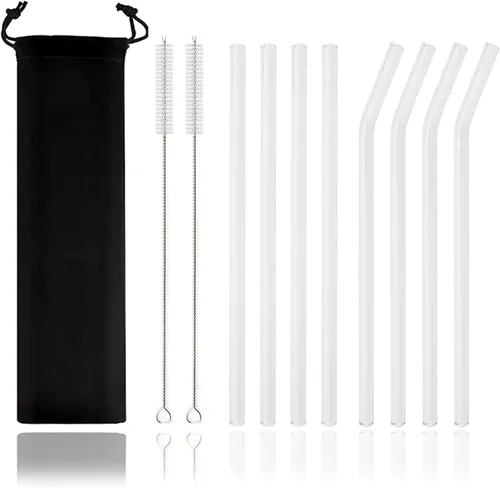 Vista 18 de JASHII Pajitas de vidrio reutilizables, pajitas transparentes de 7.87 x 0.3 pulgadas con cepillo limpio, estuche de viaje negro para bebidas Azul