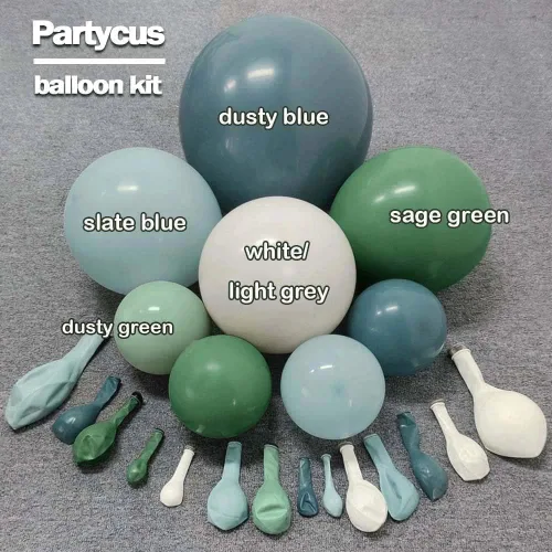 Vista 3 de Kit de arco de globos de color azul polvoriento, guirnalda de globos de látex de doble relleno, verde salvia, blanco mate, globos de látex para baby