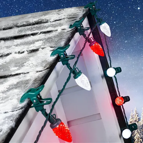 Vista 2 de Luces LED C9 de Navidad para exteriores, 68 pies, 100 luces LED de fresa con 100 abrazaderas de resorte, impermeable, grado comercial, extensible