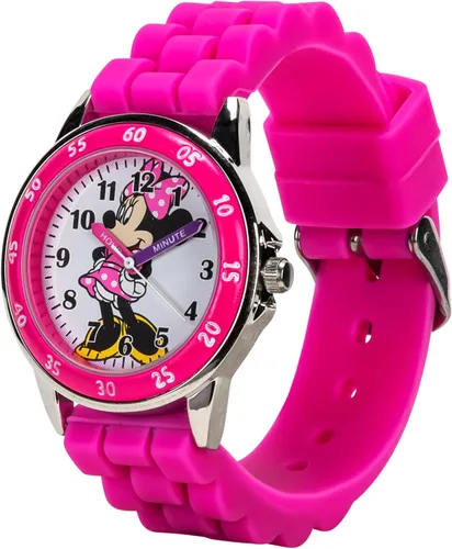 Vista 7 de Reloj Minnie Mouse Time Teacher para niñas - Reloj analógico de aprendizaje de la hora con números fáciles de leer y cómoda banda de silicona Rosa