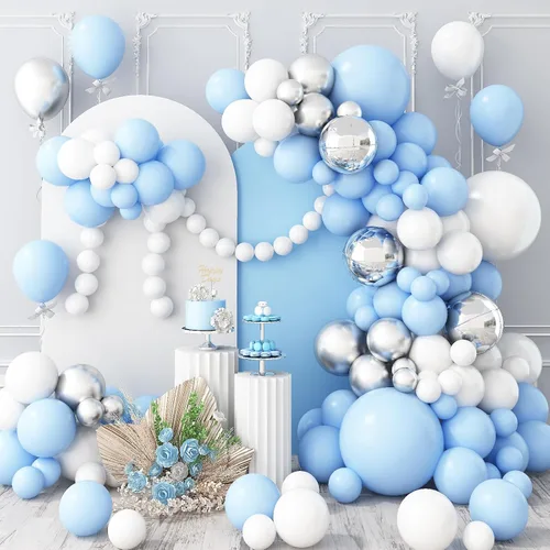 Vista 7 de Jobkoo Kit de arco de globos azul y blanco, guirnalda de globos de aluminio plateado 4D, globos de látex azul claro y plateado, globos de látex