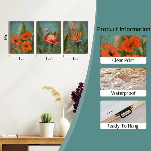 Vista 7 de SkenoArt 3 piezas de lienzo tropical flamenco arte de pared verde planta tropical naranja pintura floral impresiones decoración de pared enmarcado