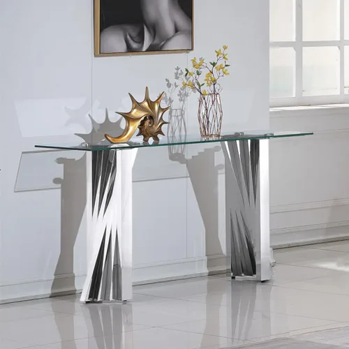 Vista 11 de SSLine Mesa consola moderna de lujo, mesa rectangular de cristal para entrada de pasillo, sala de estar, almacenamiento de 2 niveles, diseño