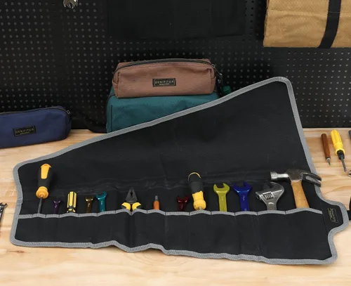 Vista 6 de Bolsa de herramientas, juego de llaves de lona encerada duradera, bolsas enrollables multiusos con correa (26.5 x 12.5 pulgadas, negro)