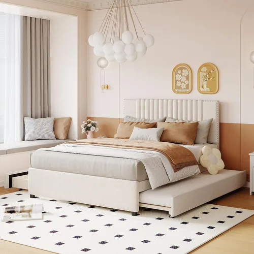 Vista 3 de Harper & Bright Designs - Base de cama de tamaño matrimonial con 2 cajones y cama corrediza individual, plataforma tapizada en el suelo con cabecera