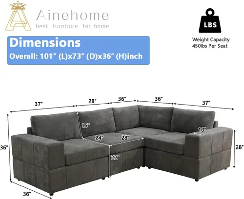 Vista 2 de A Ainehome Sofá seccional, juego de sofá de 4 asientos para sala de estar, sofá en forma de L, juegos de muebles seccionales para sala de estar