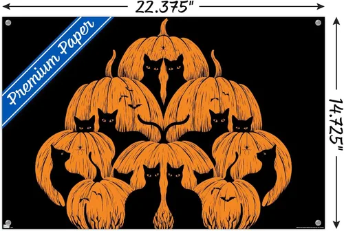 Vista 3 de Trends International Episodic Drawing - Pumpkin Cat Wall Poster, 14.72" x 22.37", Premium Poster & Push Pin Bundle