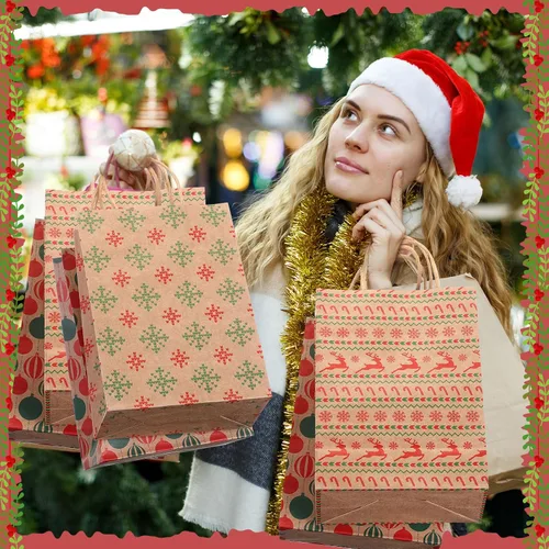 Vista 2 de Fulmoon Juego de 48 bolsas de regalo de papel kraft de Navidad a granel, bolsas de regalo de papel surtido con asa, vacaciones para regalos