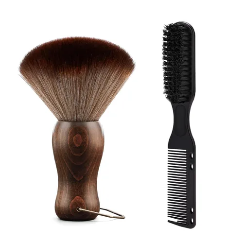 Vista 9 de Cepillo de plumero para cuello de peluquero, mango de madera con gancho para cortar el cabello (2 piezas)