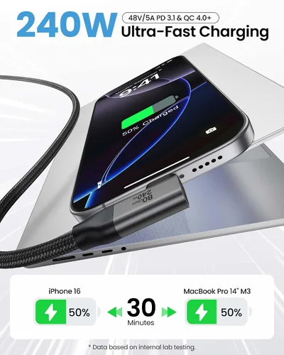 Vista 4 de Silkland Cable USB 4 de ángulo recto de 80Gbps para Thunderbolt 5, 1FT, ancho de banda de 120Gbps para 16K/Doble 8K, 240W, cable de video USB C