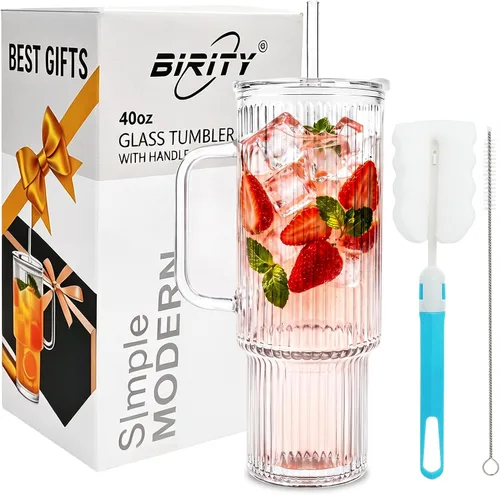 Vista 16 de Birity Vasos de vidrio de 16 onzas con tapas y popotes, vaso de vidrio con popote y tapa, tazas de café helado reutilizables para té, jugo