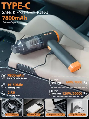 Vista 7 de aokway Aspiradora de Coche Portátil Inalámbrica 20000PA de Potente Succión, Aspiradora Mini de 7800mAh para Coche, Aspiradora Eléctrica y Soplador