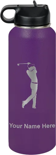 Vista 53 de LaserGram Botella de agua personalizada, golfista de golf, acero inoxidable de doble pared aislada al vacío con popote superior, regalo grabado Negro