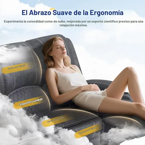 Vista 5 de Sofá reclinable de 3 plazas, sofá reclinable con consola elevable (terciopelo, gris)