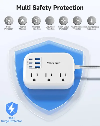 Vista 6 de Beeiker Cable de Extensión Corto de 1 Pie - Tira de Alimentación de 6 USB (3 USB C) para Viajes con Estación de Carga USB de 24W y 3 Tomas, Cable