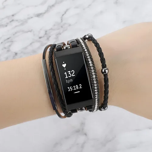 Vista 5 de Elegante correa de cuero compatible con Fitbit Charge 4 Charge 3, pulseras bohemias para mujer, pulseras de joyería multicapa de repuesto para Negro