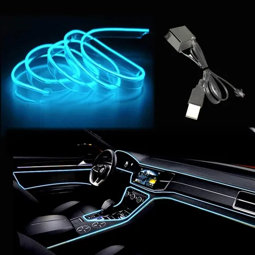 Vista 8 de Tira de luces LED de cable electroluminiscente azul para interior de automóvil, 6.5 pies de cable de neón con controlador USB de 5 voltios