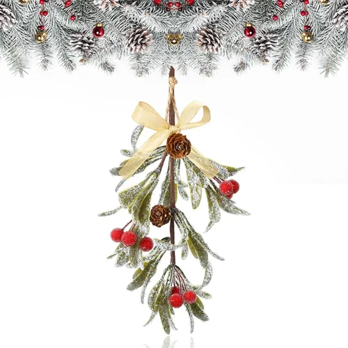 Vista 7 de Giegxin 1 pieza Adorno de Navidad Artificial de Muérdago Colgante con Lazo Rojo Bouquet de Adornos Colgantes de Navidad Floral con Piñas Naturales