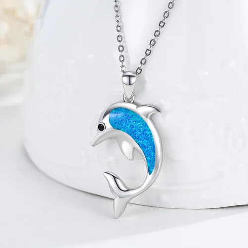 Vista 2 de TUGHRA 925 Sterling Silver Ocean Necklace Summer Jewelry SharkDolphin Pendant Necklaces Blue Opal Ocean Necklace Cute Ocean Animal Gift for Women