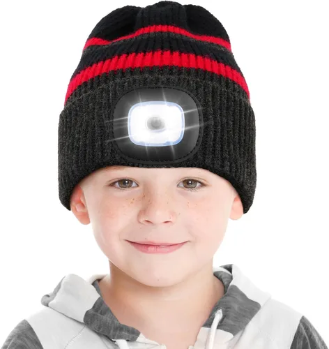 Vista 11 de Gorro LED para Niños, Unisex Gorro con Linterna Frontal Recargable de Invierno con Luz Nocturna, Regalos para Niños y Niñas Naranja