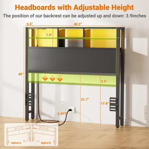 Vista 2 de Cabecero Aheaplus para Cama Individual con Almacenamiento, Cabeceros con Enchufes, Puertos USB y Luz LED, Cabecero Individual Solo, Altura