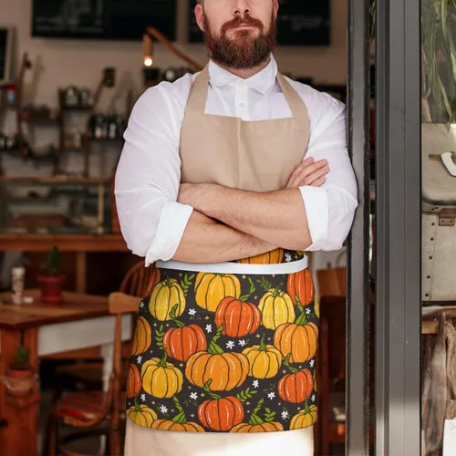 Vista 7 de HappyThanksgiving - Delantal de cintura con patrón de calabaza y otoño, con 3 bolsillos, medio corto, para camarero, restaurante, cocina, babero