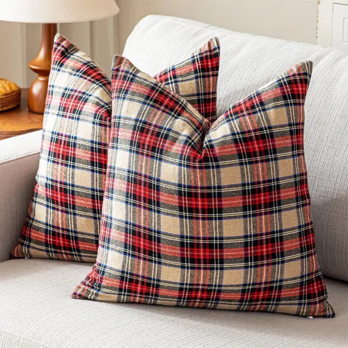 Vista 18 de Juego de 2 fundas de almohada lumbar de Navidad para exteriores de tartán Tartán lumbar marrón