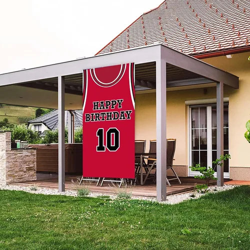 Vista 5 de Cartel de feliz cumpleaños 10 pancarta de fondo rojo de baloncesto estrella jugador de deportes decoración para hombre niño 10 cumpleaños