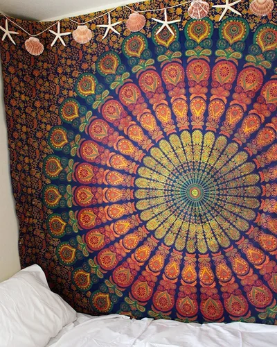 Vista 8 de Popular Handicrafts - Tapiz para colgar en la pared con diseño hippie de mandala bohemia, psicodélico, indio de pavo real, para meditación, gitano