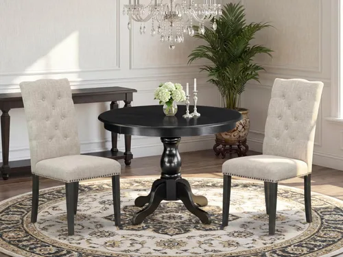 Vista 2 de East West Furniture HBEL3-ABK-35 - Juego de mesa y sillas de cocina de 3 piezas que contiene una mesa de comedor redonda con pedestal y 2 sillas