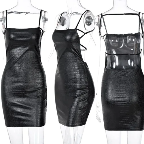Vista 7 de Suillty Vestido sexy de piel sintética sin espalda para mujer, con tirantes delgados, sin mangas, mini vestido de fiesta