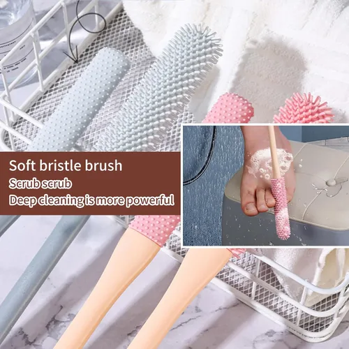 Vista 6 de Cepillo de silicona de mango largo para limpieza de dedos del pie, cepillo exfoliante de goma suave para pies para la ducha, limpiador de grietas