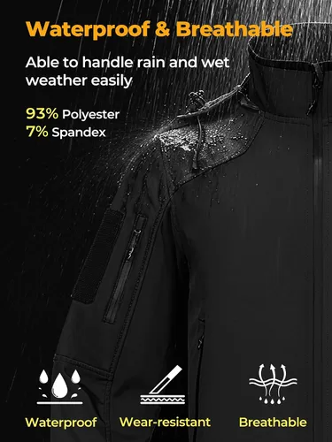 Vista 2 de Chaqueta impermeable de softshell para hombre, resistente al viento con forro polar para invierno con capucha, ligera y cálida