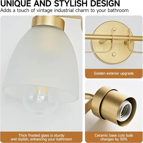 Vista 4 de Luces de tocador modernas de mediados de siglo de 16 pulgadas, lámpara dorada de 2 luces con pantallas de campana blancas esmeriladas, aplique